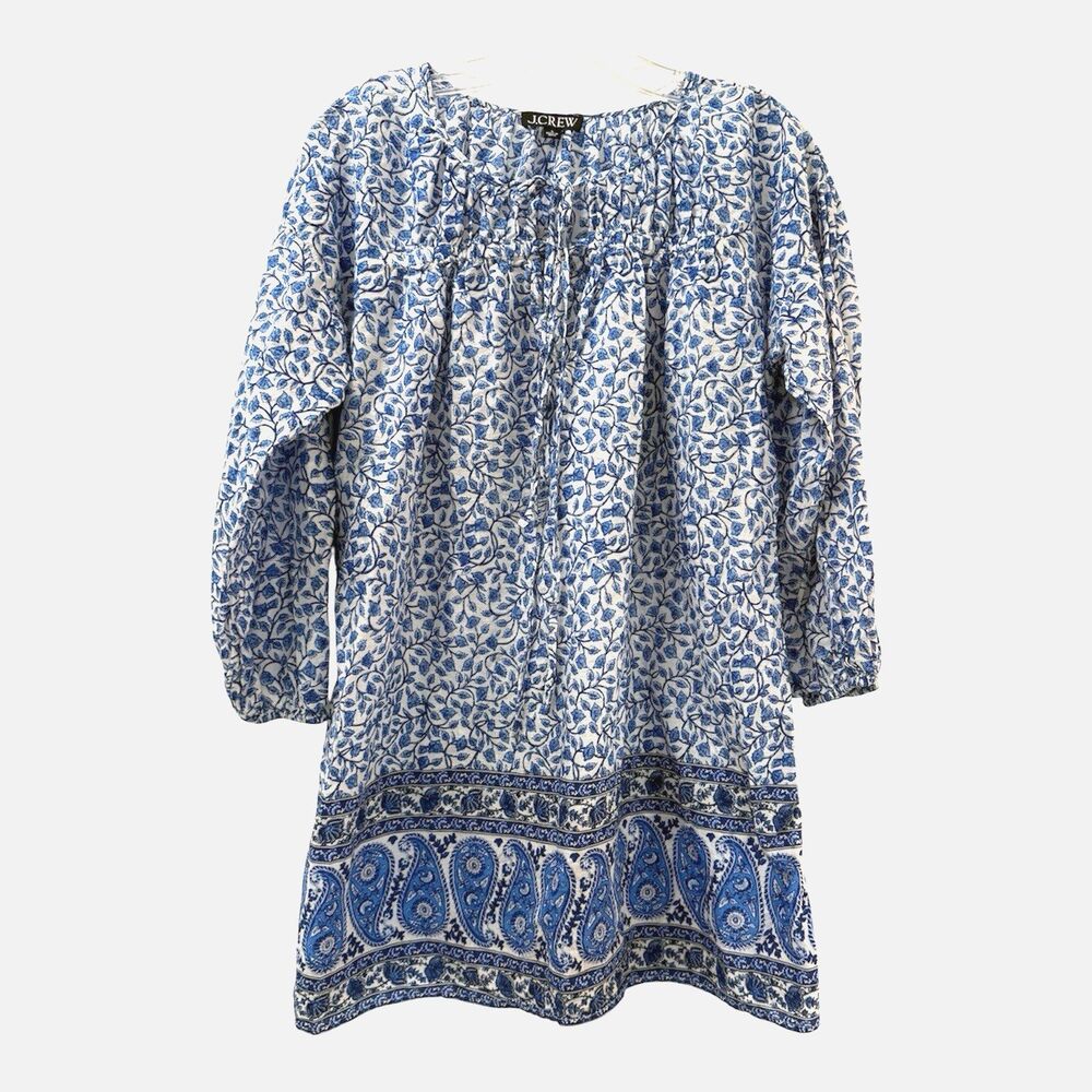 J Crew Cotton Voile Tunic In Bandana Block Print Top Womens Small Blue Paisley